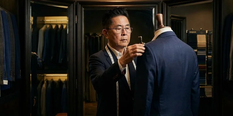 Master tailor assessing shoulder alignment during a bespoke fitting session