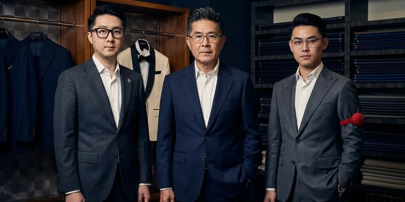 Three foundational executive suits in navy, charcoal, and mid-grey