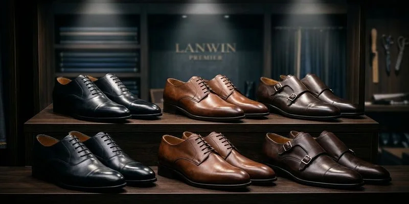 Executive shoe collection featuring Oxford and Derby styles in black and brown