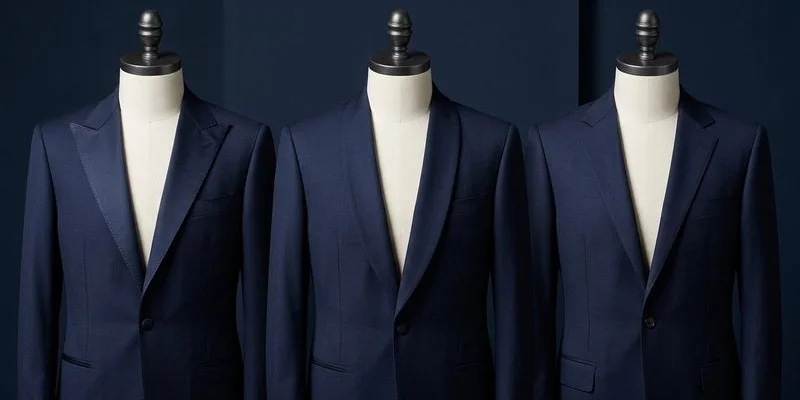 Tuxedo lapel styles comparison showing peak, shawl, and notch lapels
