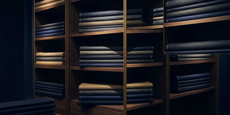 Selection of premium tuxedo fabrics including wool, mohair, and velvet swatches