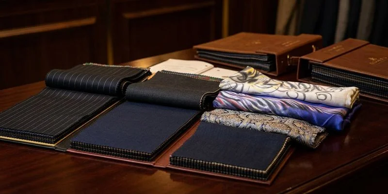VVIP fabric selection session with premium mill swatches in a private setting