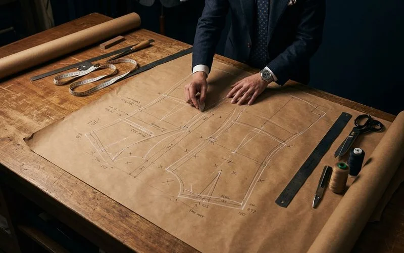 Tailor drafting a bespoke pattern on paper with precision measurements