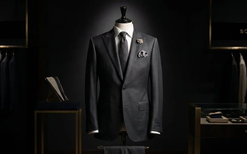 Completed bespoke wedding suit ready for the groom on wedding day