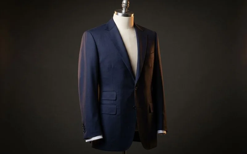 Completed bespoke suit displayed on mannequin with fine finishing details