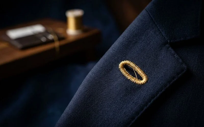 Close-up of hand-sewn buttonhole and fine finishing details on bespoke suit