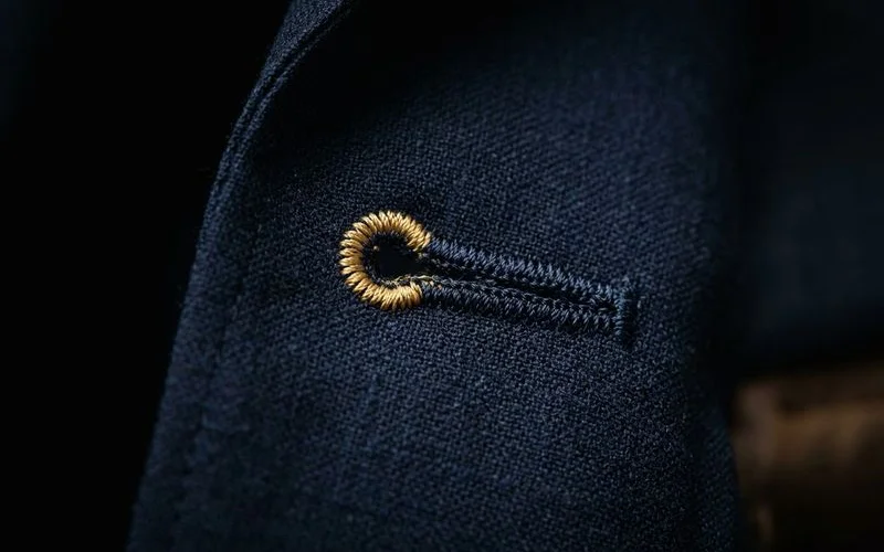 Close-up comparison of hand-stitched bespoke buttonhole versus machine-made buttonhole
