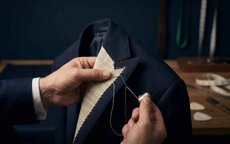 Master tailor hand-stitching canvas interlining at LANWIN Premier atelier