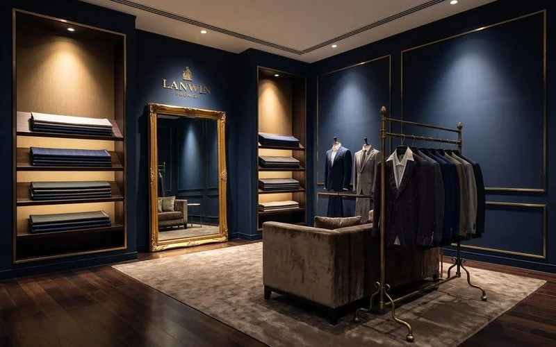 Interior of LANWIN Premier atelier with fabric bolts and fitting area