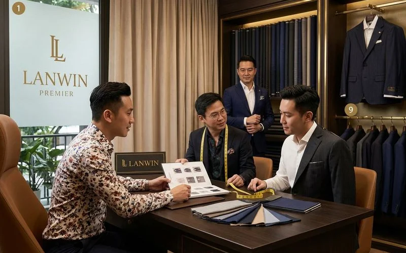 Consultation at LANWIN Premier atelier discussing fabric and pricing options