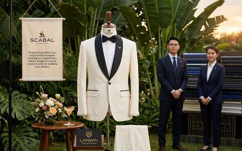 Groom in lightweight linen blend suit at outdoor Malaysian garden wedding