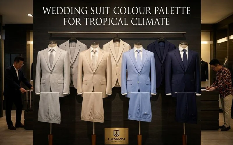 Colour palette of wedding suit fabric options suitable for Malaysian climate