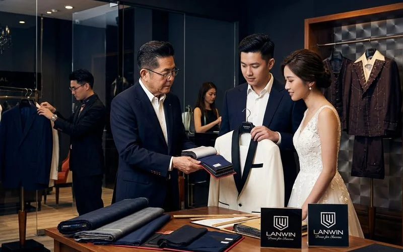Groom reviewing wedding suit inspiration with tailor during initial consultation