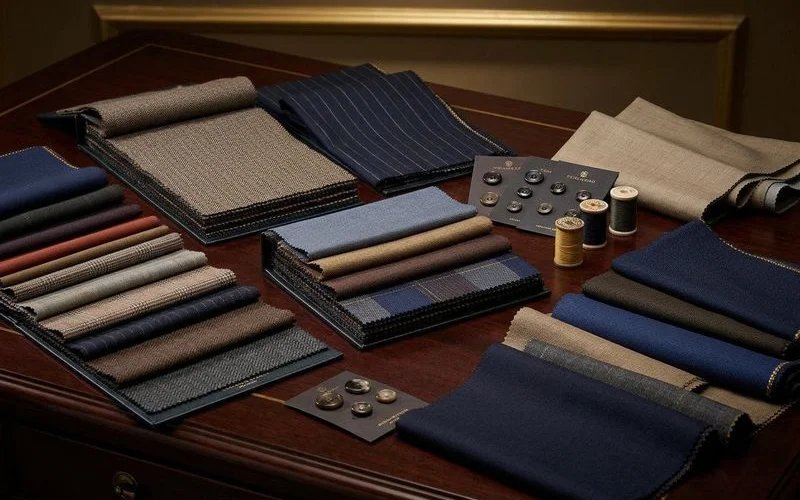Fabric swatches laid out for wedding suit selection at LANWIN Premier