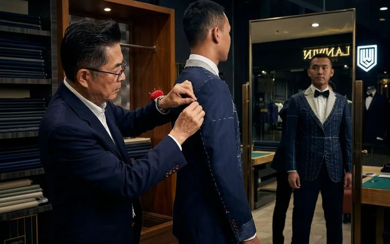 Bespoke wedding suit during second fitting with tailor making adjustments