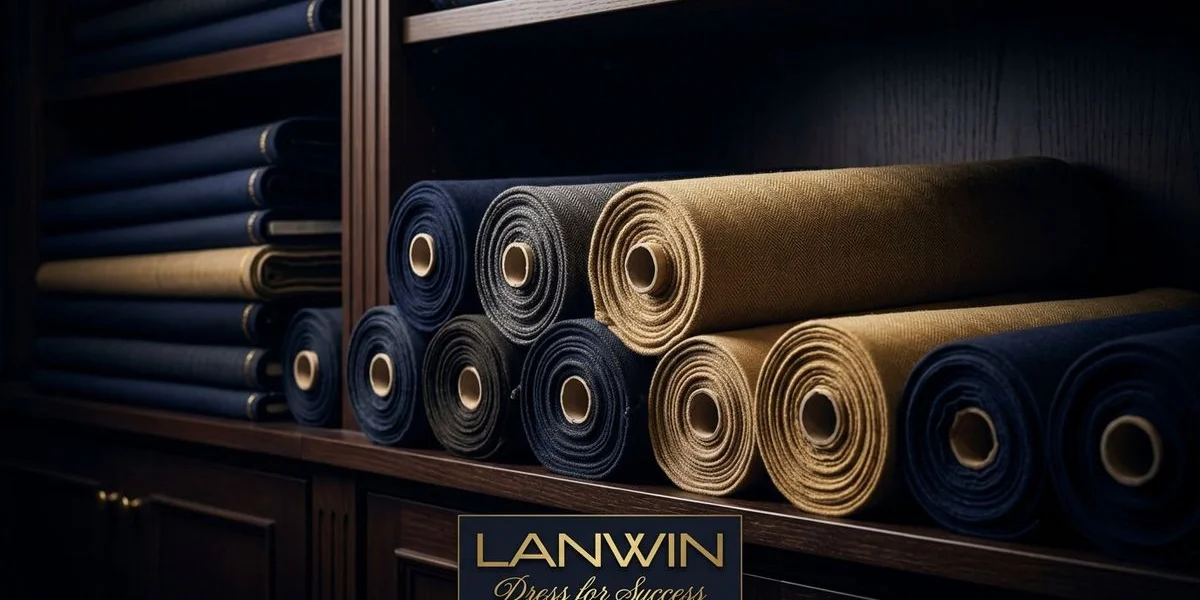 An elegant fabric library displaying organised bolts of luxury suiting cloth from world renowned mills