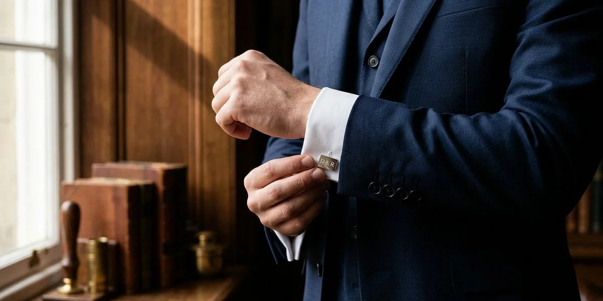 Groom adjusting cufflinks in bespoke wedding suit