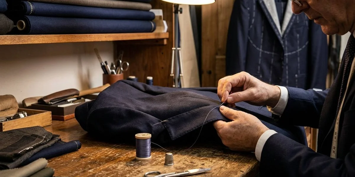 Close up of hand stitching repair work being performed on a bespoke suit jacket lapel