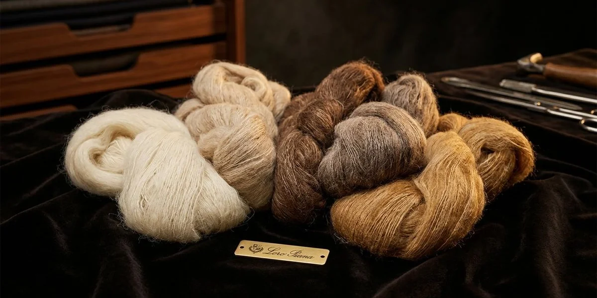 Loro Piana luxury raw fibre samples including cashmere, vicuna, and fine merino wool