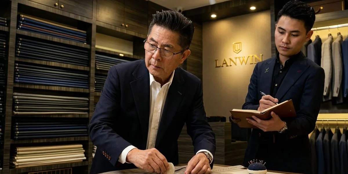 A master tailor taking precise body measurements during a private bespoke consultation session