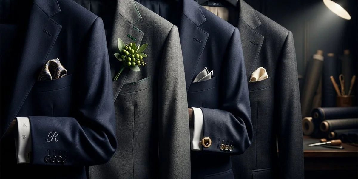 Close-up of personalised groomsmen suit details showing different pocket squares and boutonniere styles