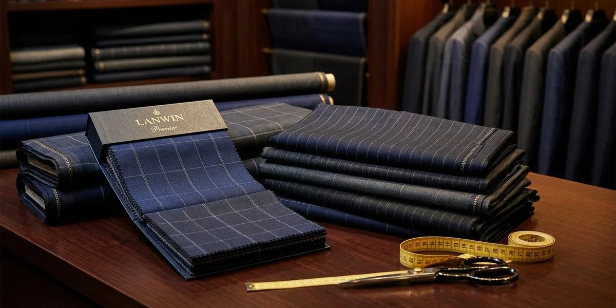 Luxury fabric swatches from premium European mills laid out for executive client selection