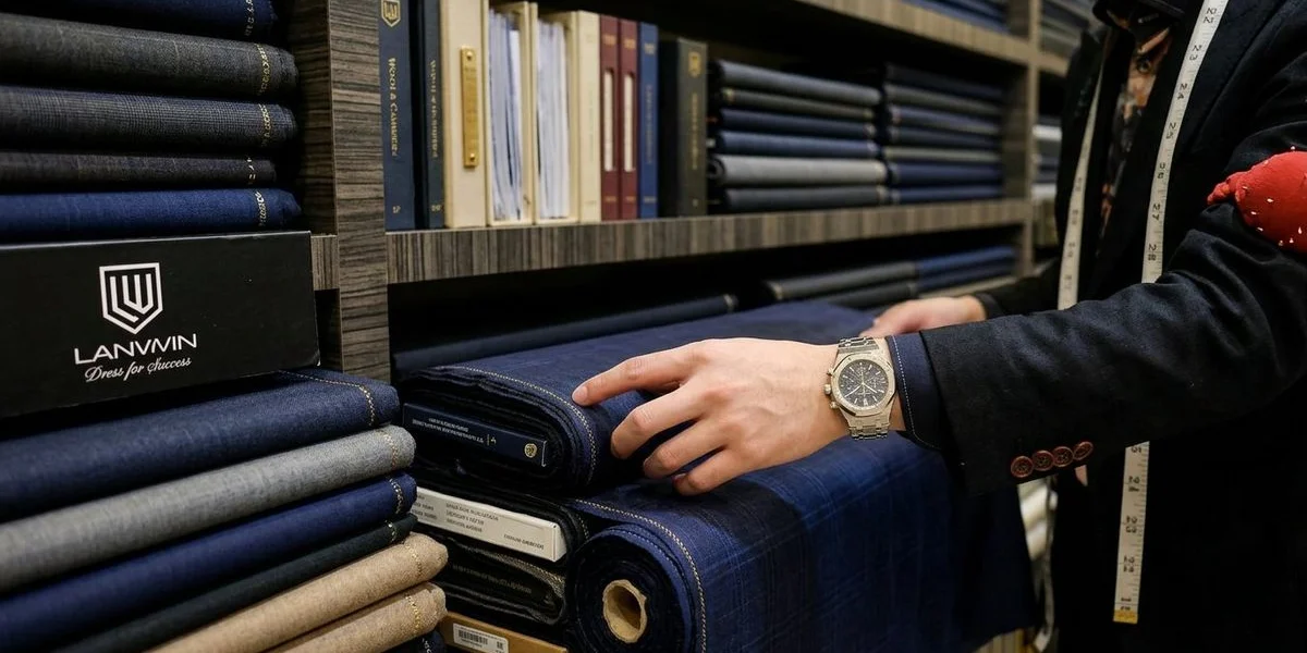 Selection of premium wedding suit fabrics in various colours and textures at the atelier