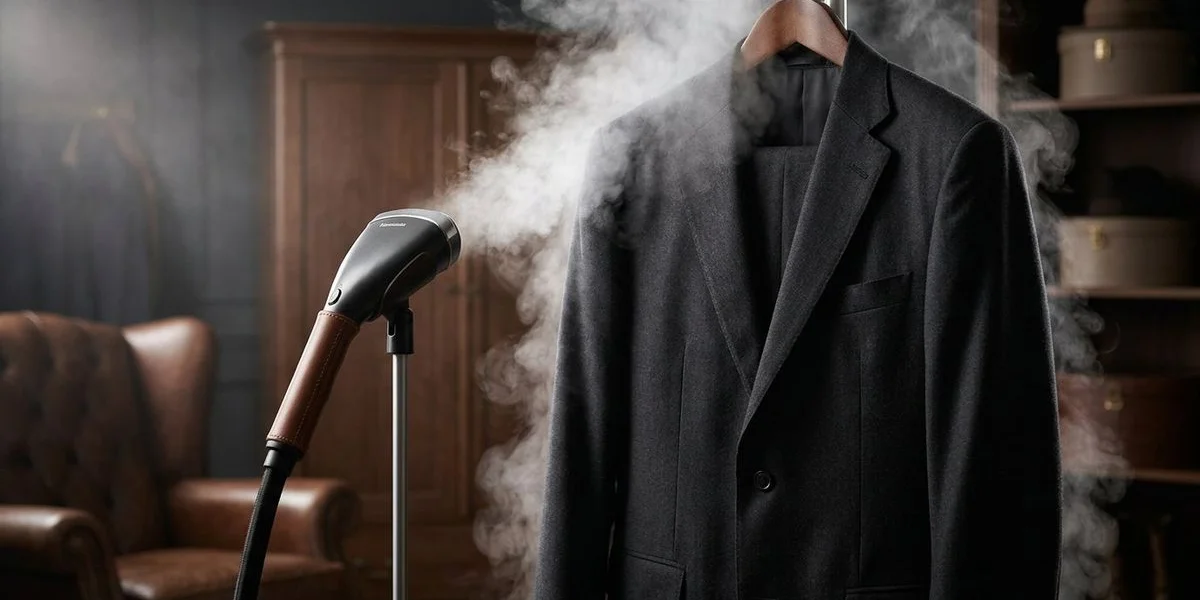 Professional handheld garment steamer being used to refresh a bespoke wool suit jacket