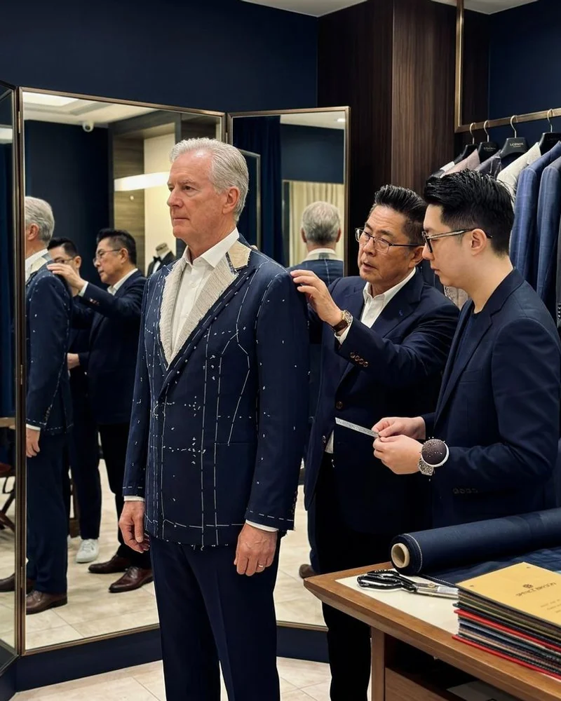 Basted fitting stage with temporary stitches visible