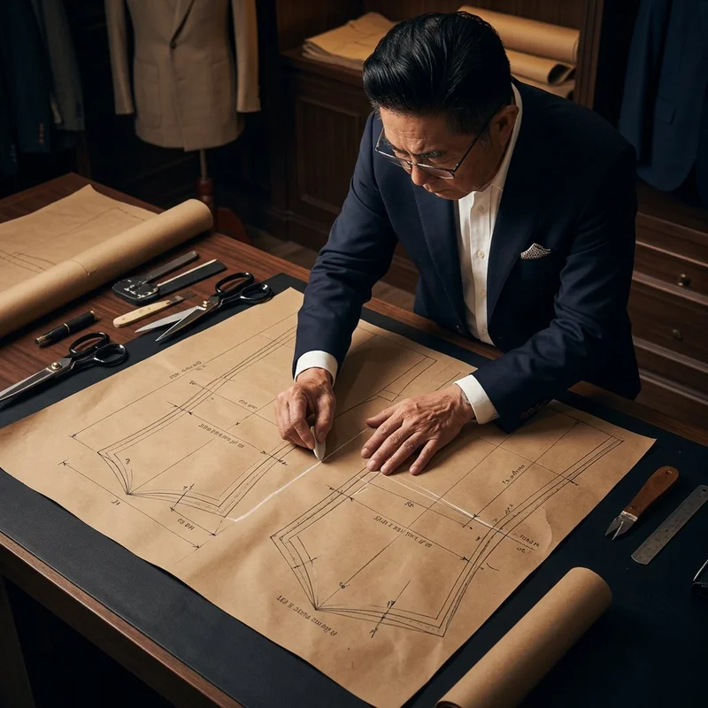 Master tailor hand-drawing bespoke suit pattern