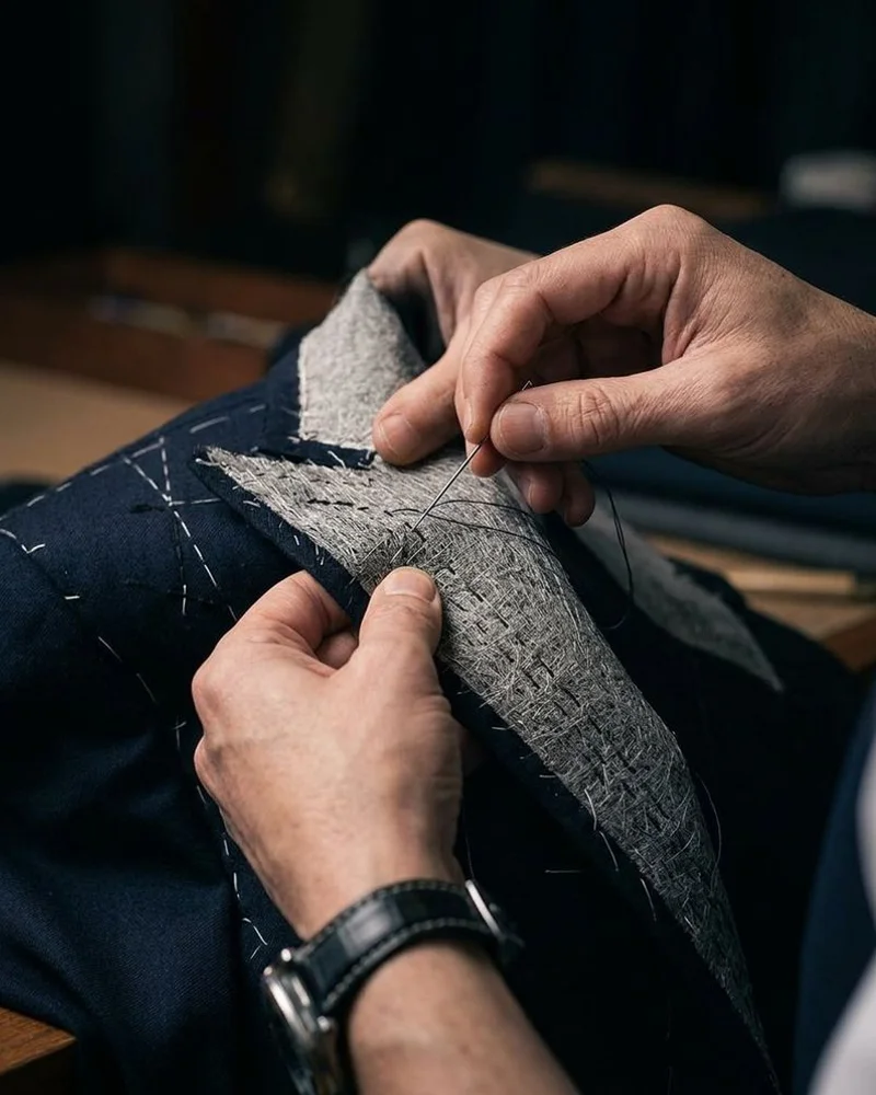 Hand pad-stitching the canvas lapel