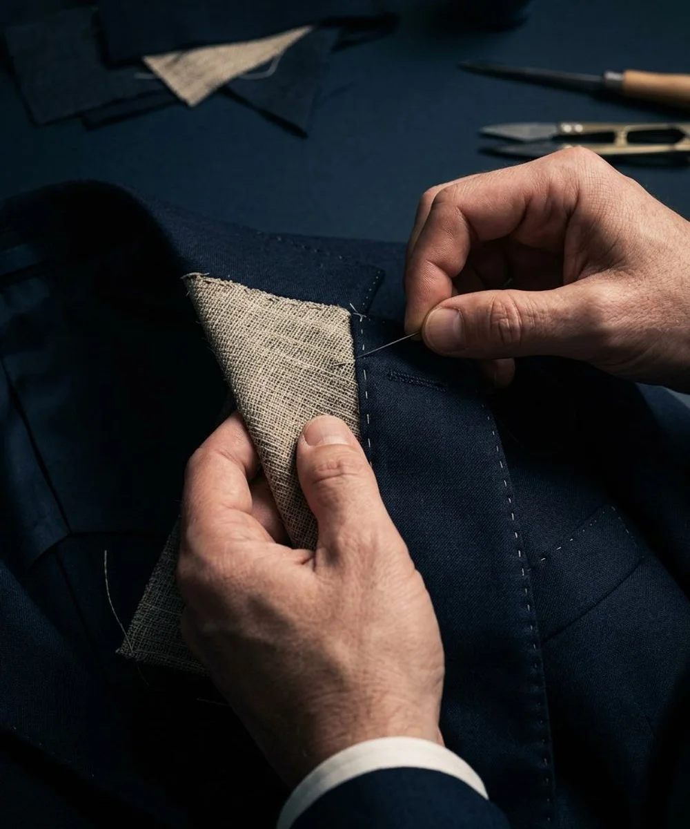 Master tailor hand-stitching a full-canvas bespoke suit
